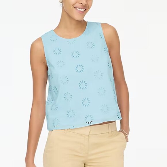 J. Crew Flower Eyelet Shell Keyhole Back Cotton Sleeveless Top Blue Size M NWT - Picture 1 of 7